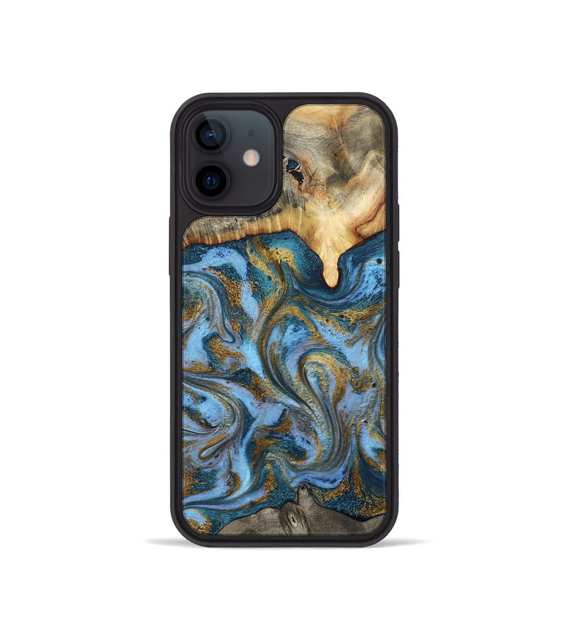 iPhone 12 mini Wood Phone Case - Mael (Teal & Gold, 801638)