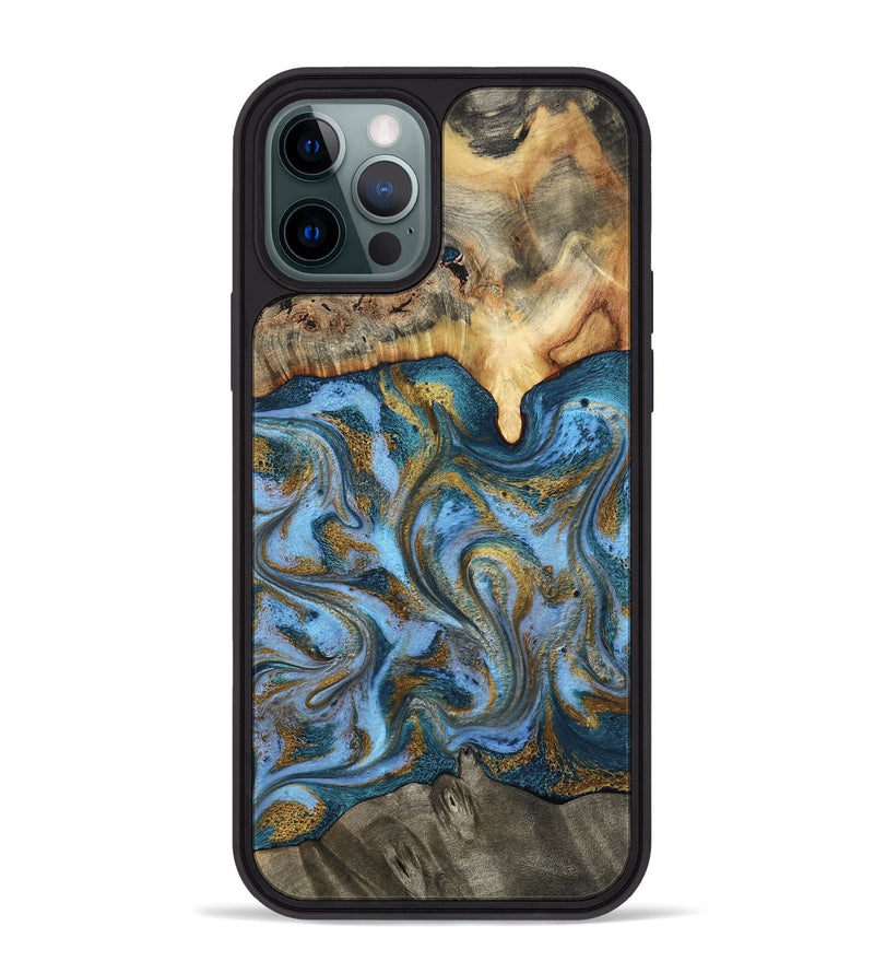 iPhone 12 Pro Max Wood Phone Case - Mael (Teal & Gold, 801638)