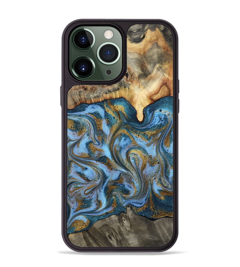iPhone 13 Pro Max Wood Phone Case - Mael (Teal & Gold, 801638)