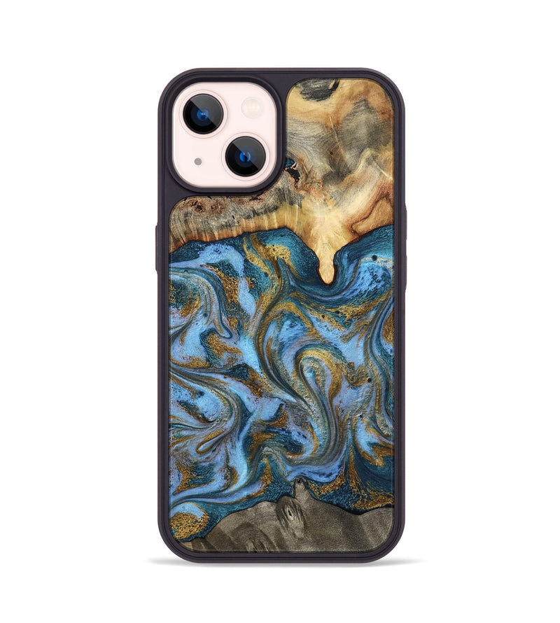 iPhone 14 Wood Phone Case - Mael (Teal & Gold, 801638)