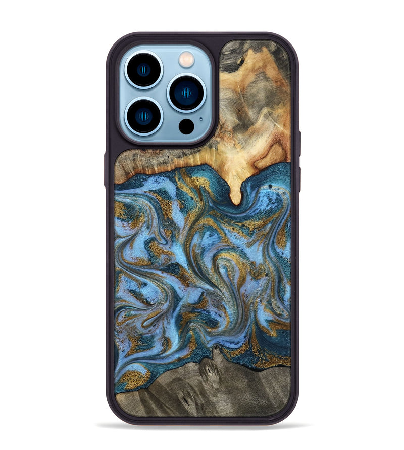 iPhone 14 Pro Max Wood Phone Case - Mael (Teal & Gold, 801638)