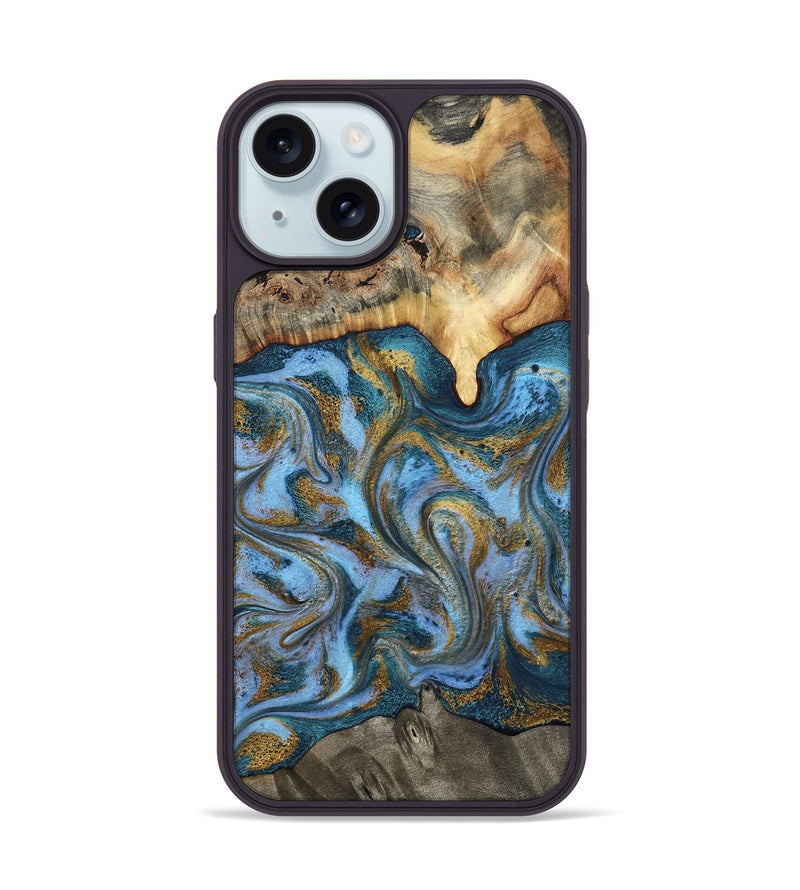 iPhone 15 Wood Phone Case - Mael (Teal & Gold, 801638)