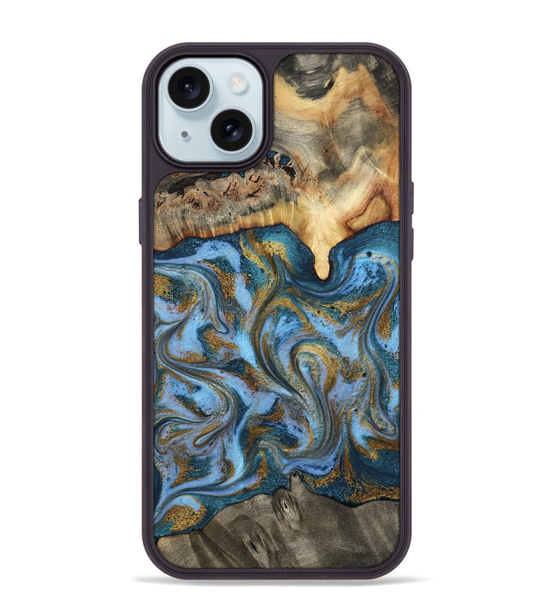 iPhone 15 Plus Wood Phone Case - Mael (Teal & Gold, 801638)