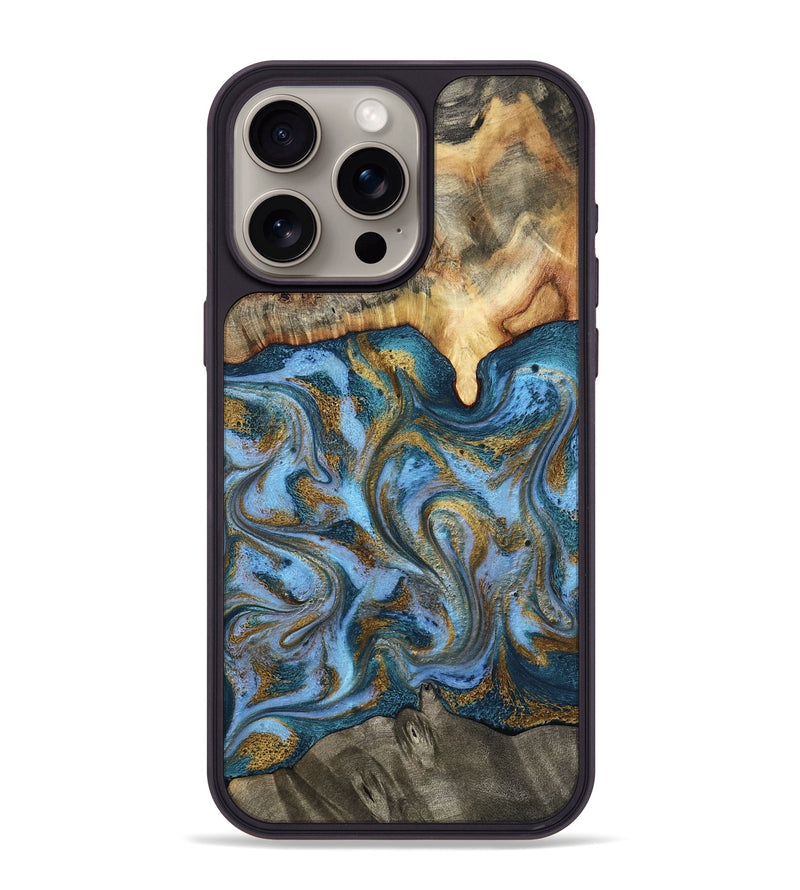 iPhone 15 Pro Max Wood Phone Case - Mael (Teal & Gold, 801638)