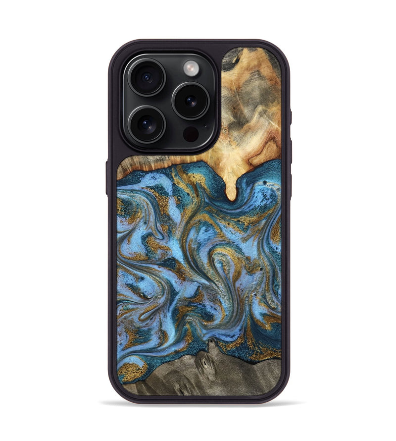 iPhone 15 Pro Wood Phone Case - Mael (Teal & Gold, 801638)