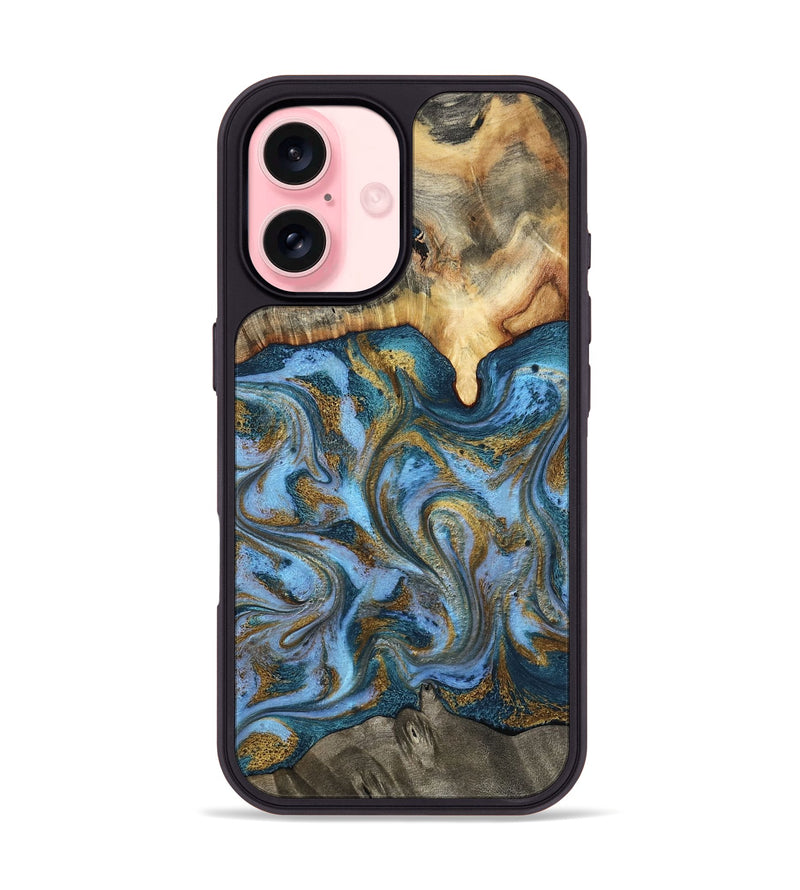 iPhone 16 Wood Phone Case - Mael (Teal & Gold, 801638)