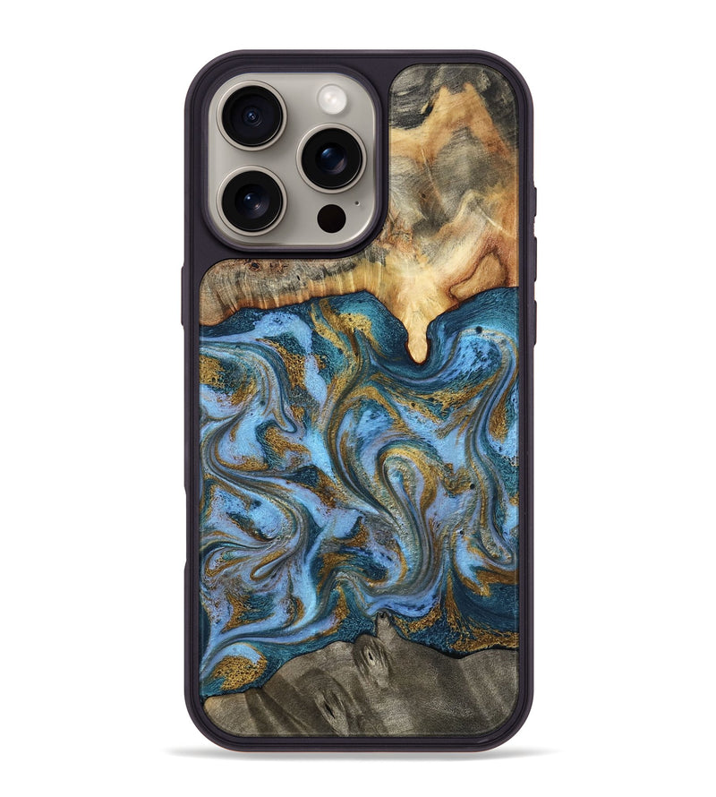 iPhone 16 Pro Max Wood Phone Case - Mael (Teal & Gold, 801638)
