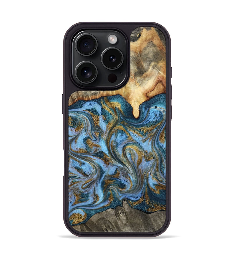 iPhone 16 Pro Wood Phone Case - Mael (Teal & Gold, 801638)
