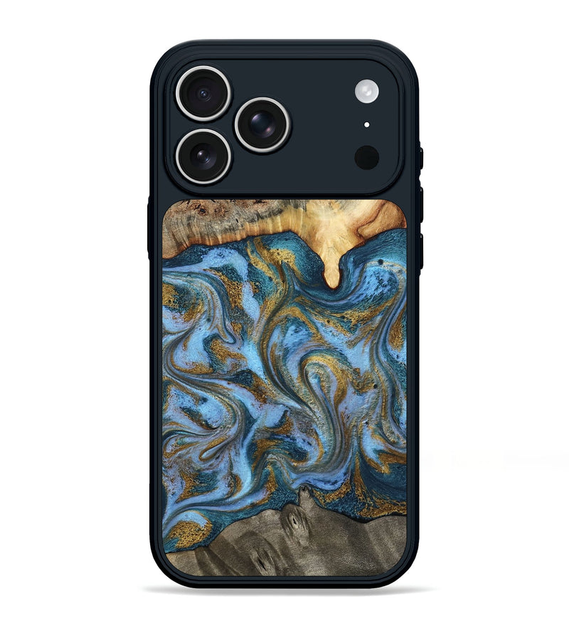 iPhone 17 Pro Max Wood Phone Case - Mael (Teal & Gold, 801638)
