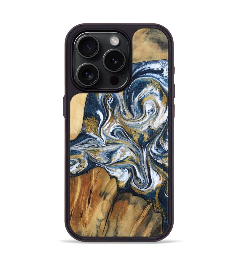 iPhone 15 Pro Wood Phone Case - Latisha (Teal & Gold, 801639)