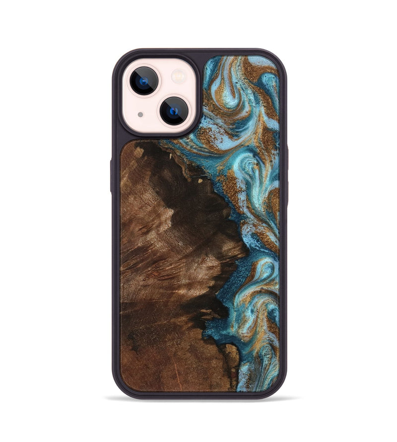iPhone 14 Wood Phone Case - Janae (Teal & Gold, 801640)