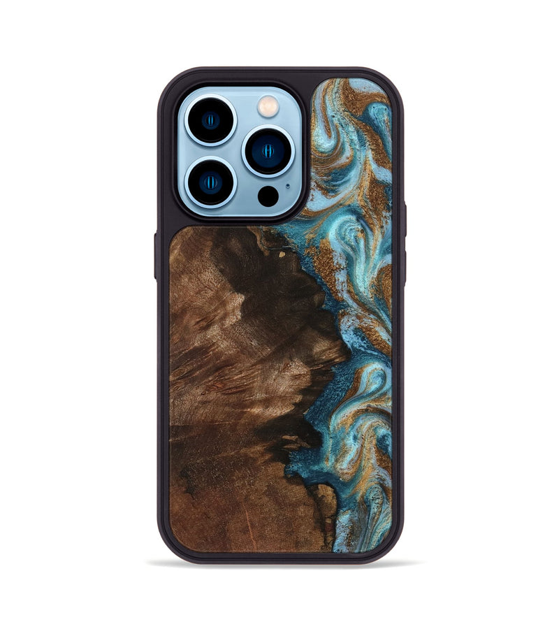 iPhone 14 Pro Wood Phone Case - Janae (Teal & Gold, 801640)