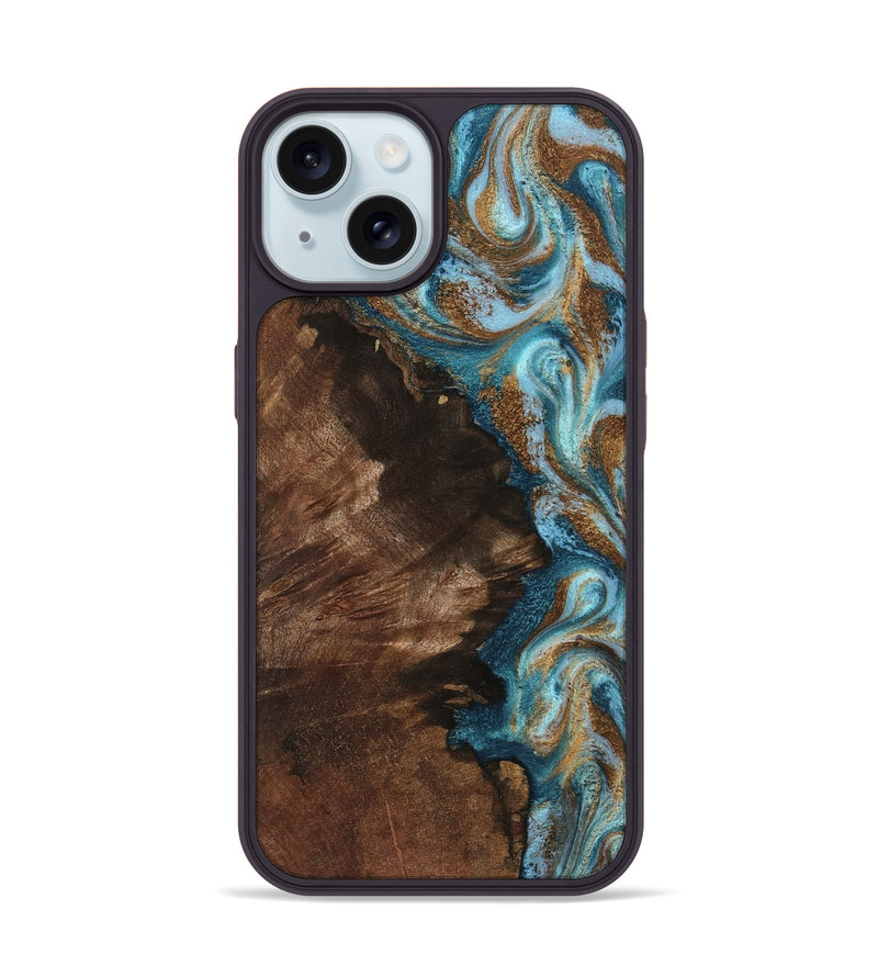 iPhone 15 Wood Phone Case - Janae (Teal & Gold, 801640)