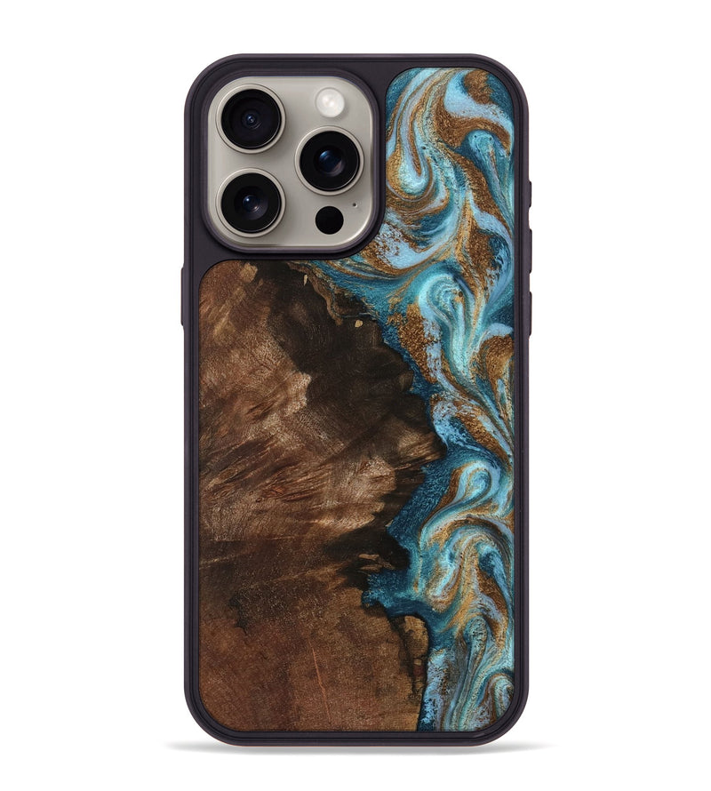 iPhone 15 Pro Max Wood Phone Case - Janae (Teal & Gold, 801640)
