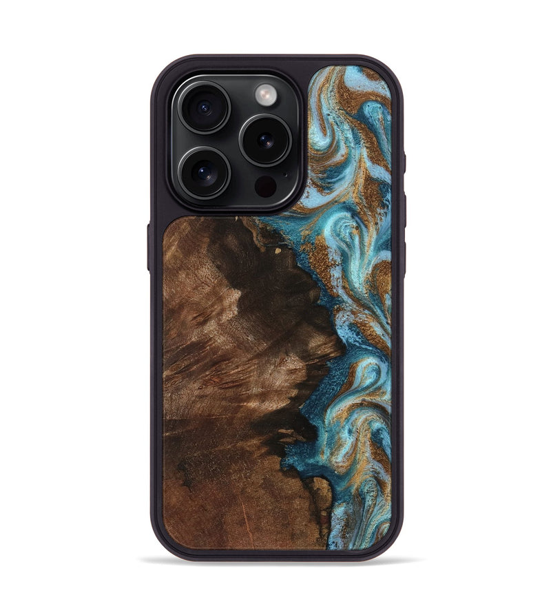 iPhone 15 Pro Wood Phone Case - Janae (Teal & Gold, 801640)