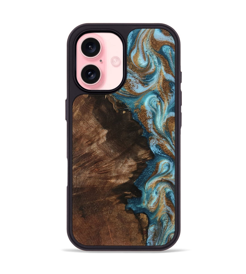 iPhone 16 Wood Phone Case - Janae (Teal & Gold, 801640)