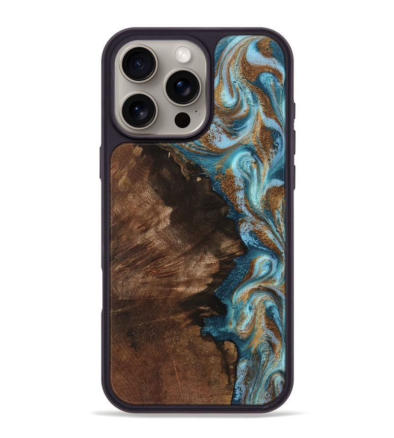 iPhone 16 Pro Max Wood Phone Case - Janae (Teal & Gold, 801640)