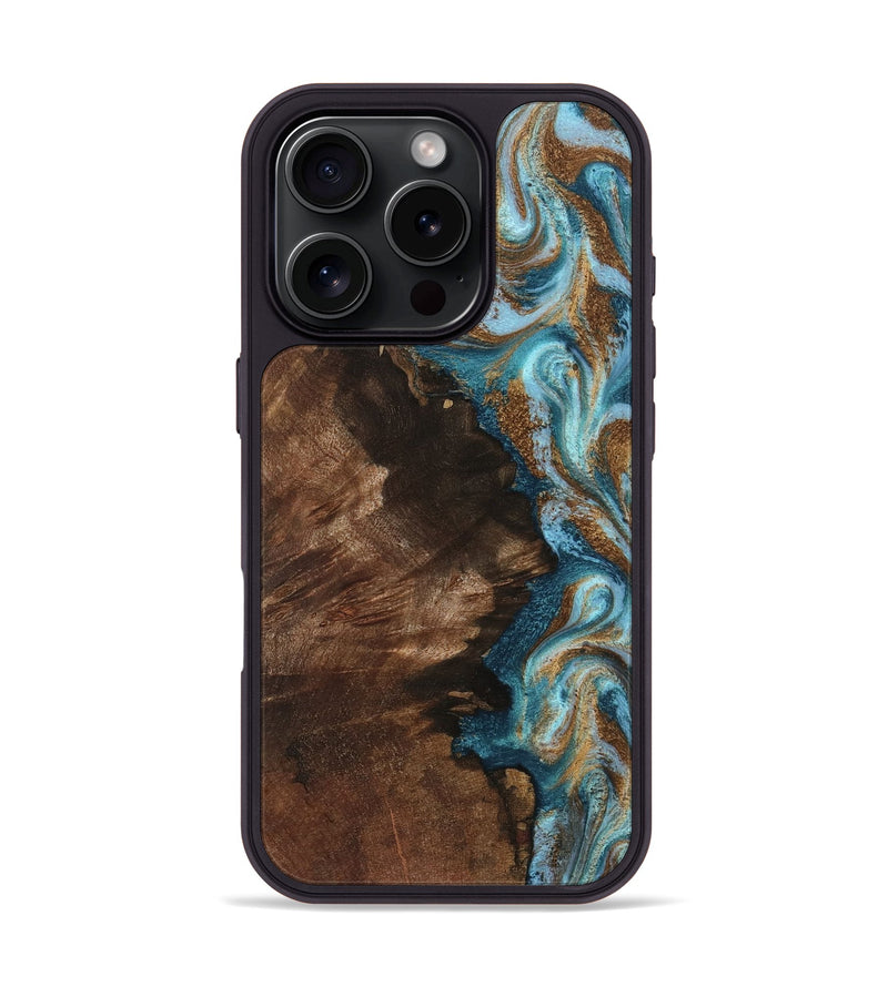iPhone 16 Pro Wood Phone Case - Janae (Teal & Gold, 801640)