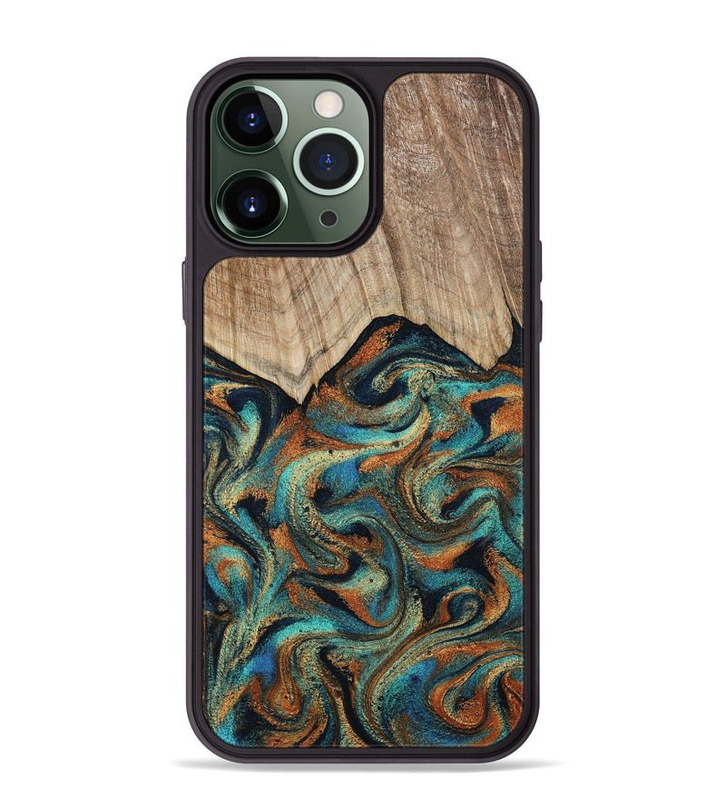 iPhone 13 Pro Max Wood Phone Case - Petra (Teal & Gold, 801641)