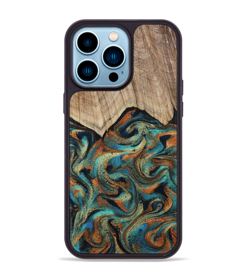 iPhone 14 Pro Max Wood Phone Case - Petra (Teal & Gold, 801641)
