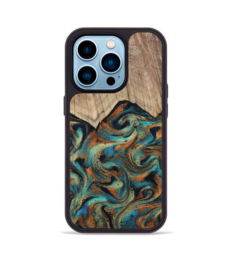 iPhone 14 Pro Wood Phone Case - Petra (Teal & Gold, 801641)