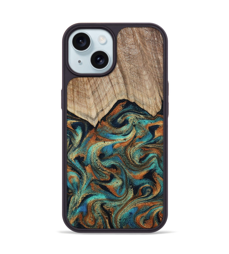 iPhone 15 Wood Phone Case - Petra (Teal & Gold, 801641)