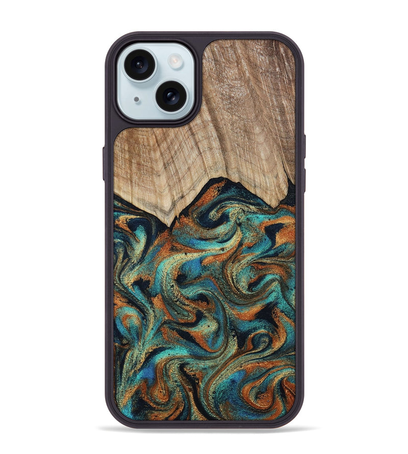 iPhone 15 Plus Wood Phone Case - Petra (Teal & Gold, 801641)