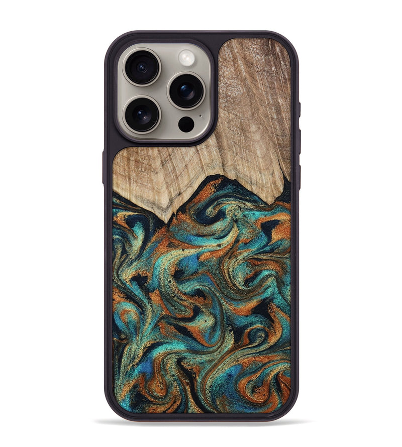 iPhone 15 Pro Max Wood Phone Case - Petra (Teal & Gold, 801641)
