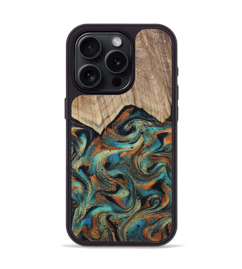iPhone 15 Pro Wood Phone Case - Petra (Teal & Gold, 801641)