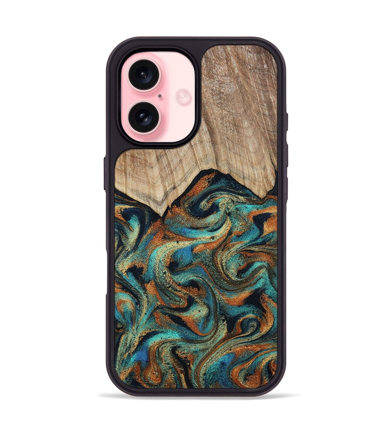 iPhone 16 Wood Phone Case - Petra (Teal & Gold, 801641)