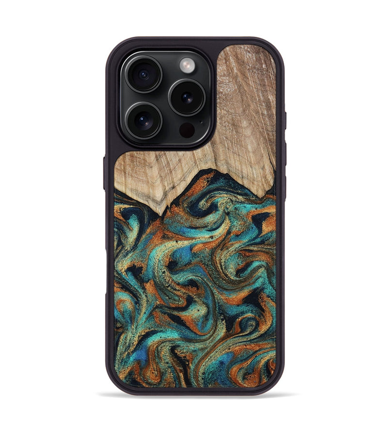 iPhone 16 Pro Wood Phone Case - Petra (Teal & Gold, 801641)