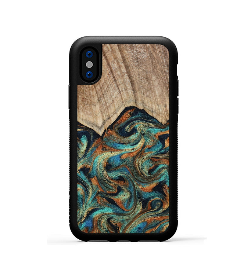 iPhone Xs Wood Phone Case - Petra (Teal & Gold, 801641)