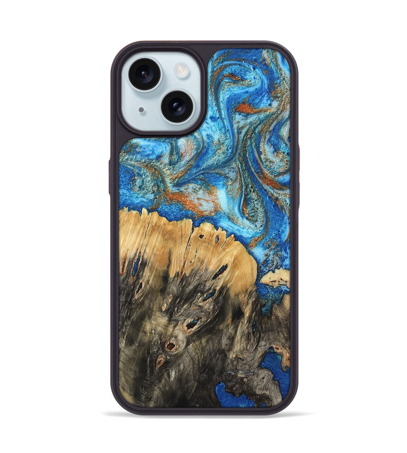 iPhone 15 Wood Phone Case - Lavonne (Teal & Gold, 801642)