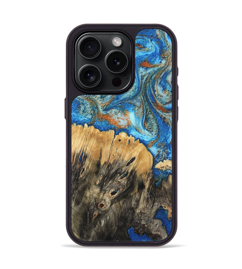iPhone 15 Pro Wood Phone Case - Lavonne (Teal & Gold, 801642)