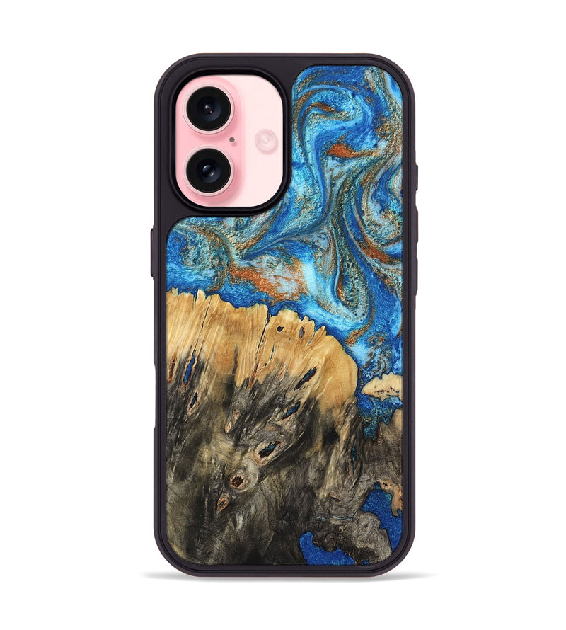 iPhone 16 Wood Phone Case - Lavonne (Teal & Gold, 801642)