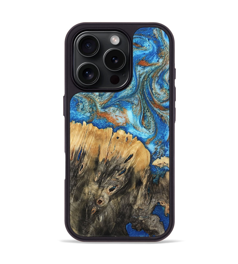 iPhone 16 Pro Wood Phone Case - Lavonne (Teal & Gold, 801642)
