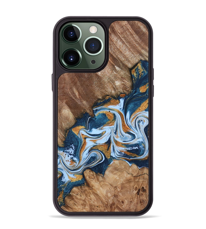 iPhone 13 Pro Max Wood Phone Case - Arlene (Teal & Gold, 801643)