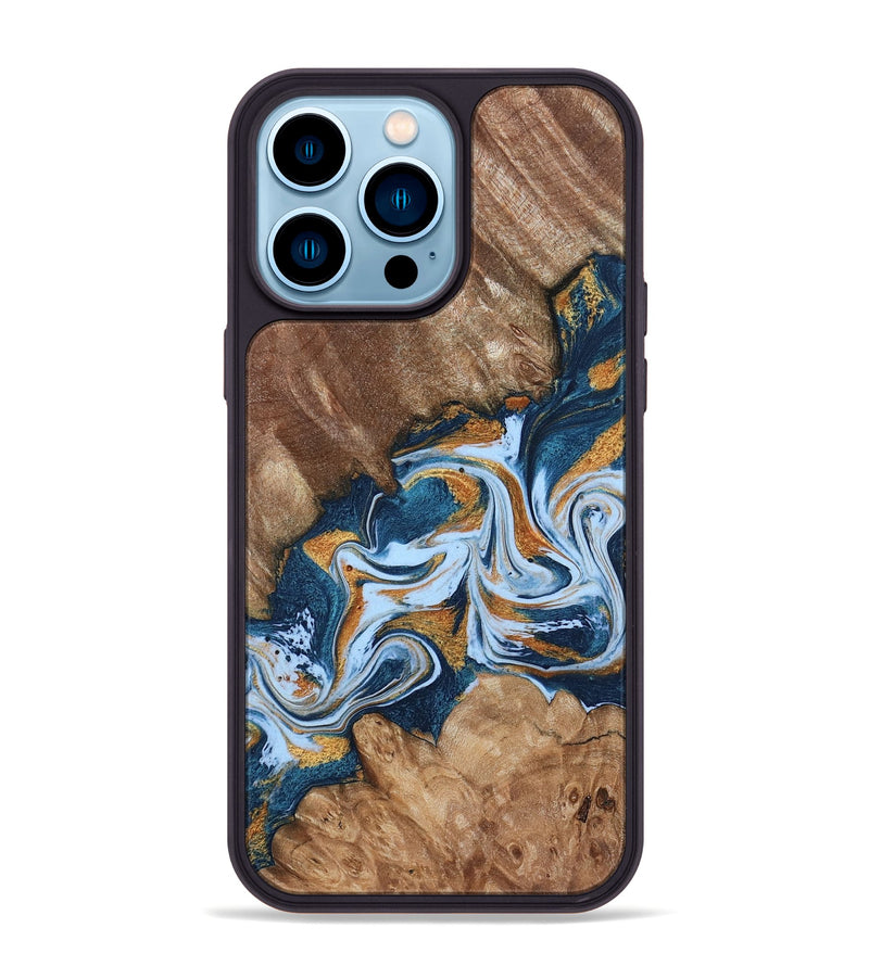 iPhone 14 Pro Max Wood Phone Case - Arlene (Teal & Gold, 801643)
