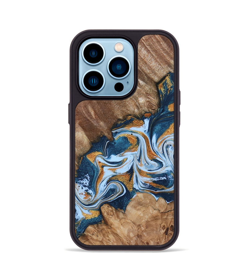 iPhone 14 Pro Wood Phone Case - Arlene (Teal & Gold, 801643)