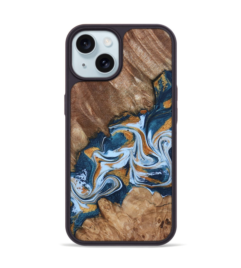 iPhone 15 Wood Phone Case - Arlene (Teal & Gold, 801643)