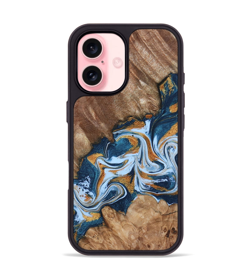 iPhone 16 Wood Phone Case - Arlene (Teal & Gold, 801643)