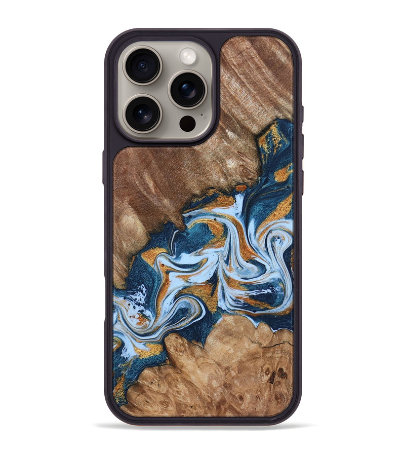 iPhone 16 Pro Max Wood Phone Case - Arlene (Teal & Gold, 801643)
