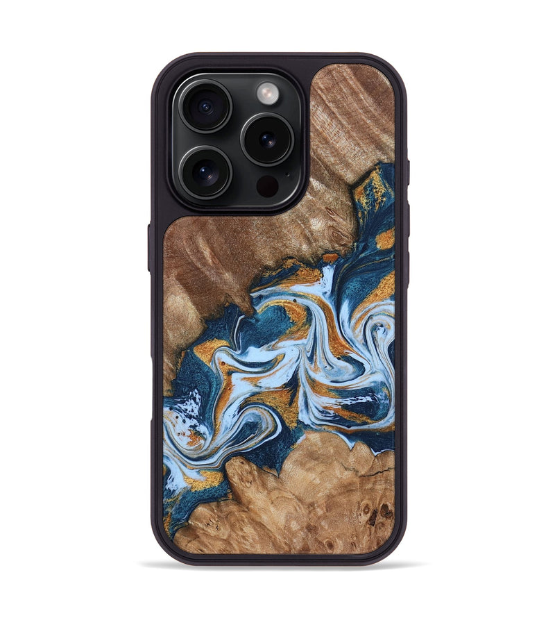 iPhone 16 Pro Wood Phone Case - Arlene (Teal & Gold, 801643)