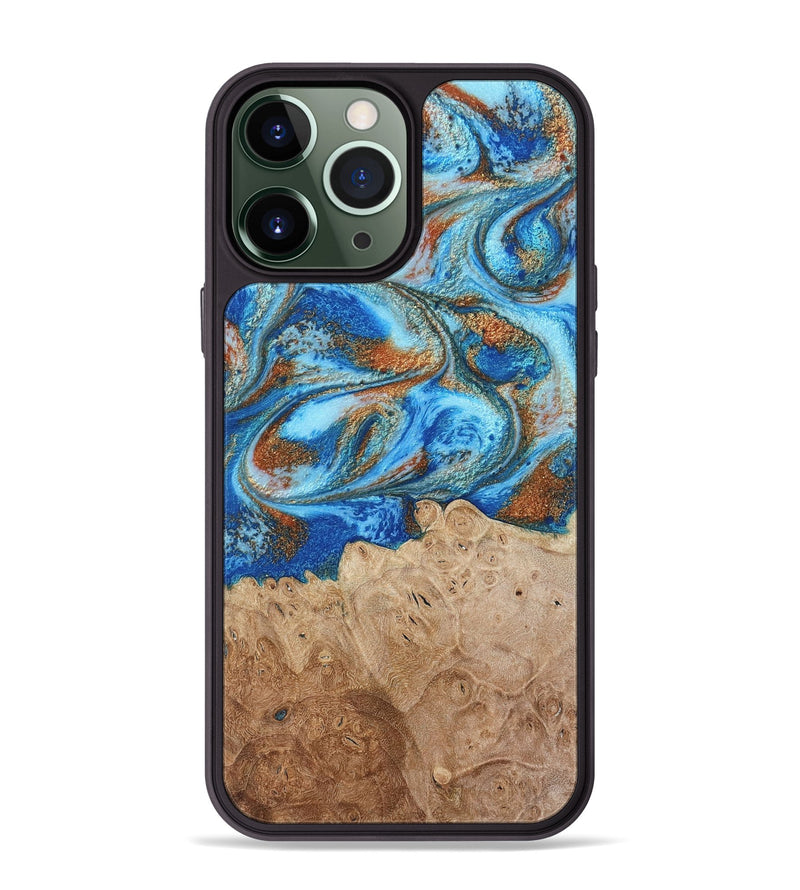 iPhone 13 Pro Max Wood Phone Case - Benson (Teal & Gold, 801645)