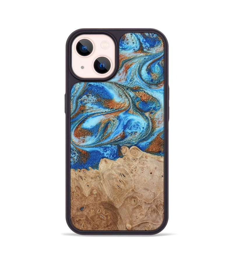 iPhone 14 Wood Phone Case - Benson (Teal & Gold, 801645)
