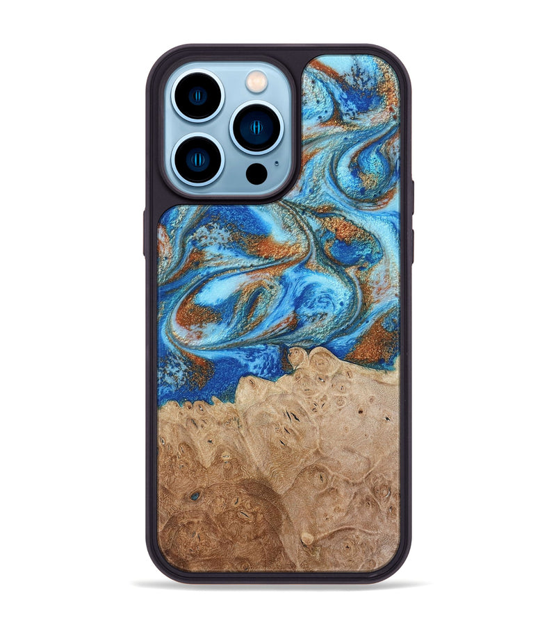iPhone 14 Pro Max Wood Phone Case - Benson (Teal & Gold, 801645)
