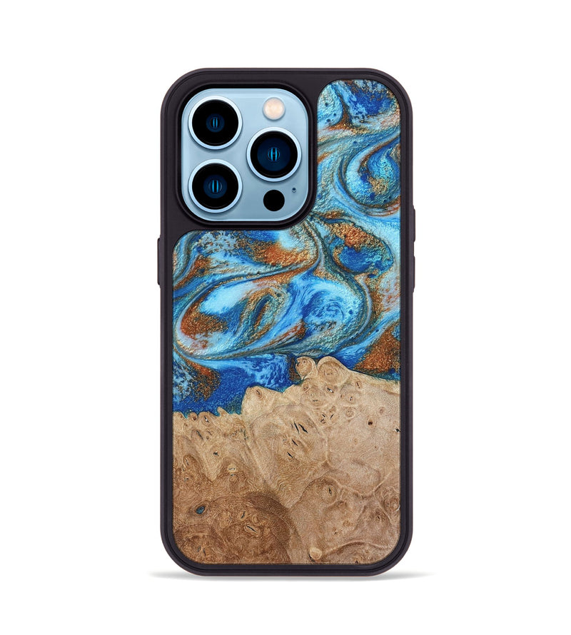 iPhone 14 Pro Wood Phone Case - Benson (Teal & Gold, 801645)
