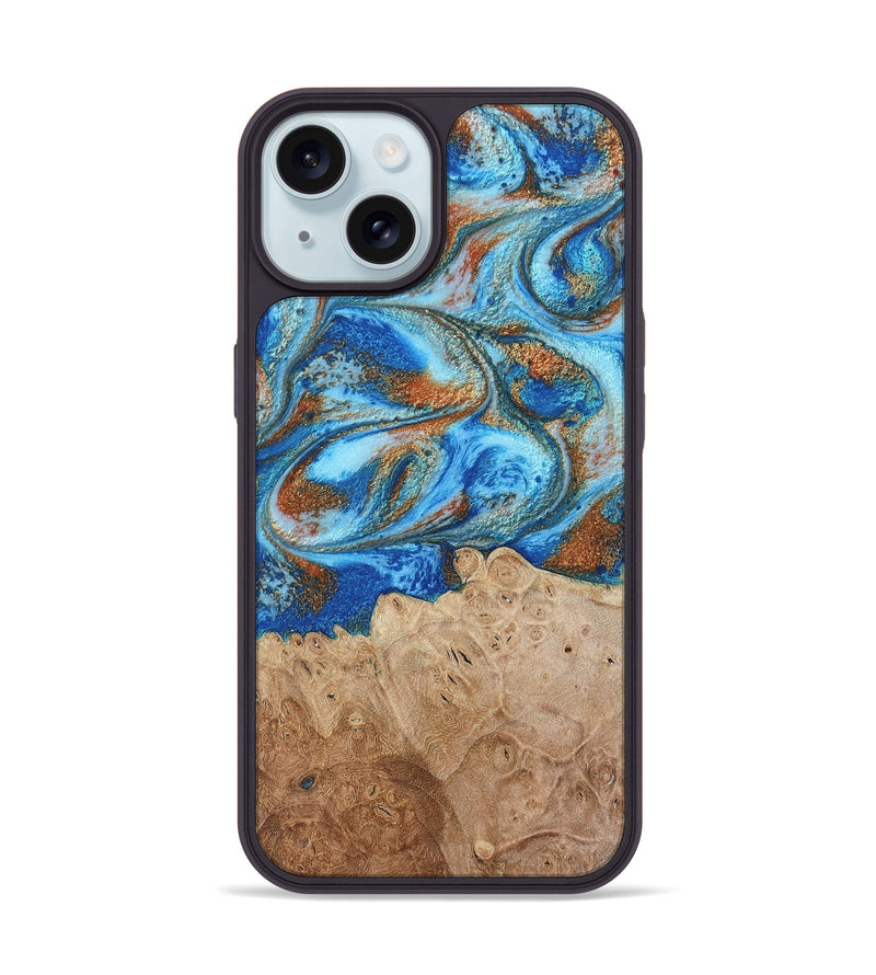 iPhone 15 Wood Phone Case - Benson (Teal & Gold, 801645)