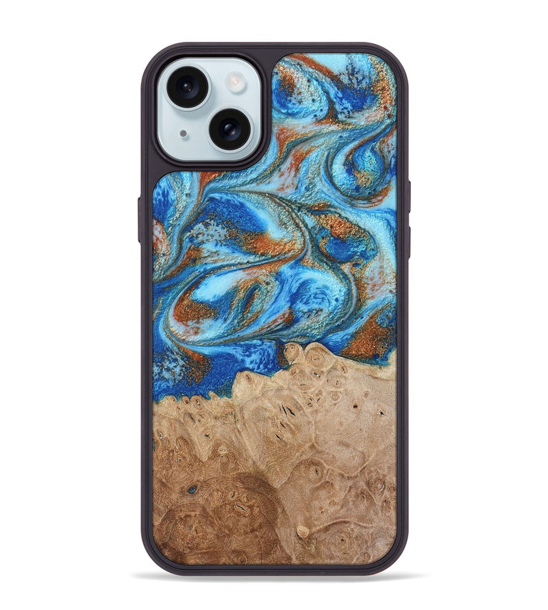 iPhone 15 Plus Wood Phone Case - Benson (Teal & Gold, 801645)