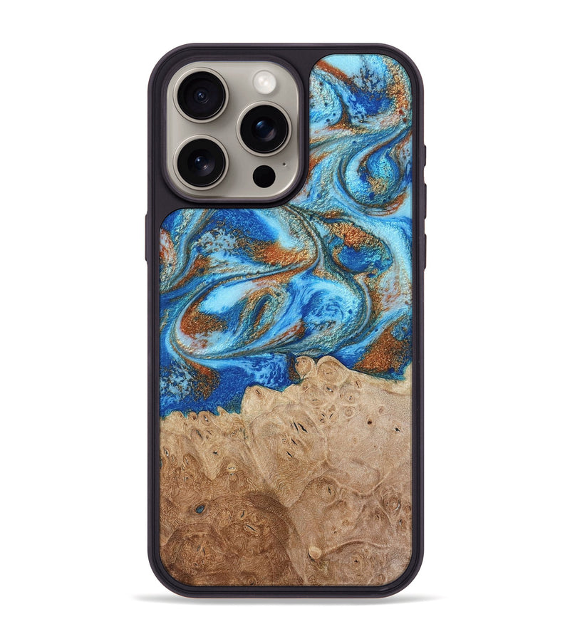 iPhone 15 Pro Max Wood Phone Case - Benson (Teal & Gold, 801645)